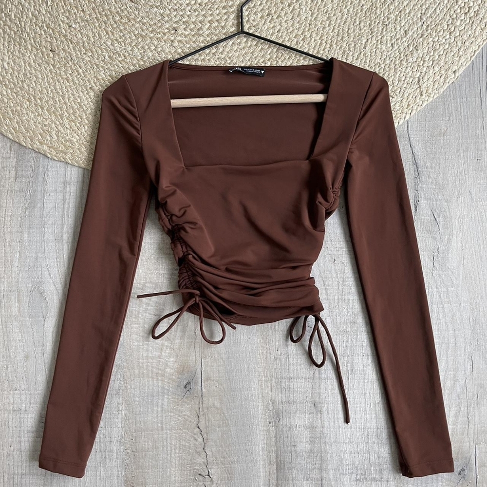 Brown Crop Blouse with Ruched Tie Front